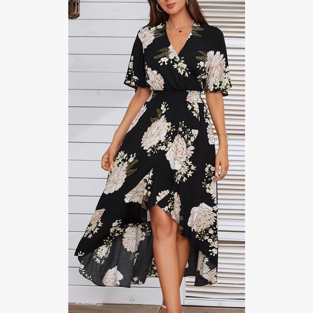 Short Sleeve Floral High-Low V-Neck Flowy Party Dress